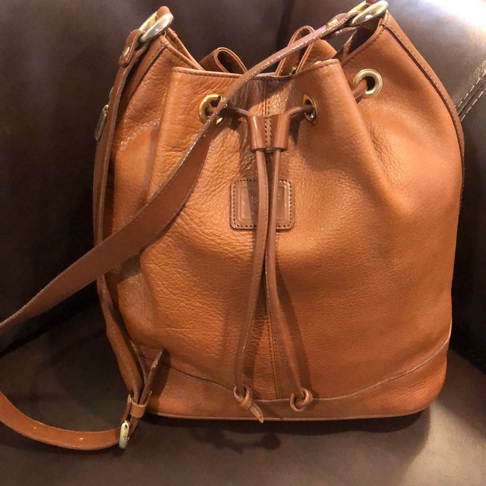 BURBERRYS Brown Leather Drawstring Bucket Bag Nova Check Haystack Lining VTG